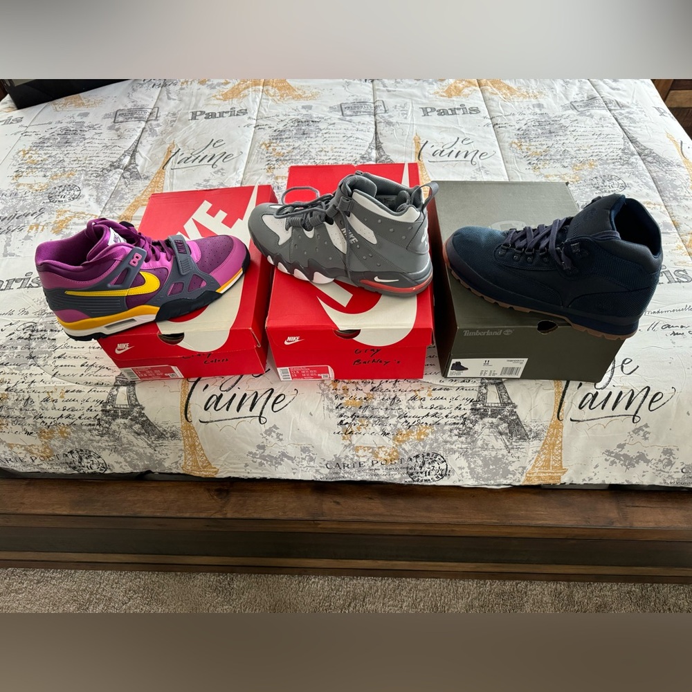 All shoes/boots are a 11, besides CB 94’s 11.5, and cinnamon Timberland 10.5.